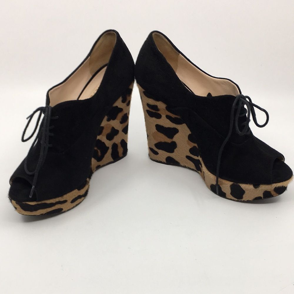 Prada Black and Leopard Print Wedges